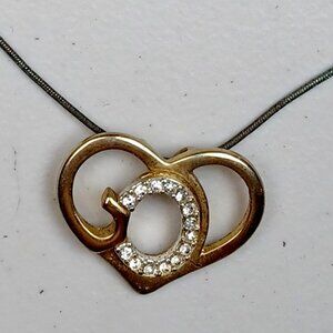 God's Heart Pendant Necklace 14 Rhinestones Two-Toned Gold and Silver 20 Inches